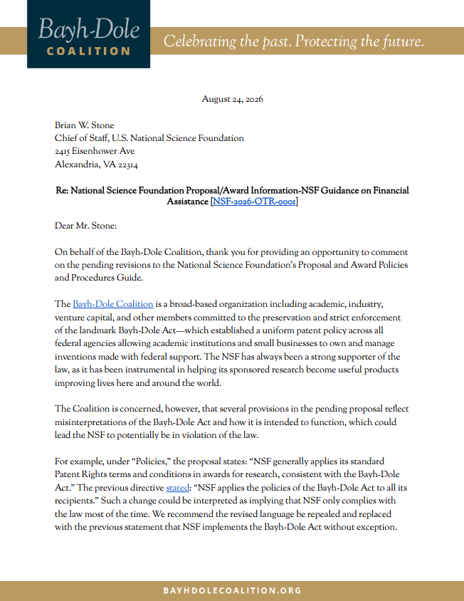 Bayh Dole Coalition Comments on NSF PAPPG Proposed Revisions Cover
